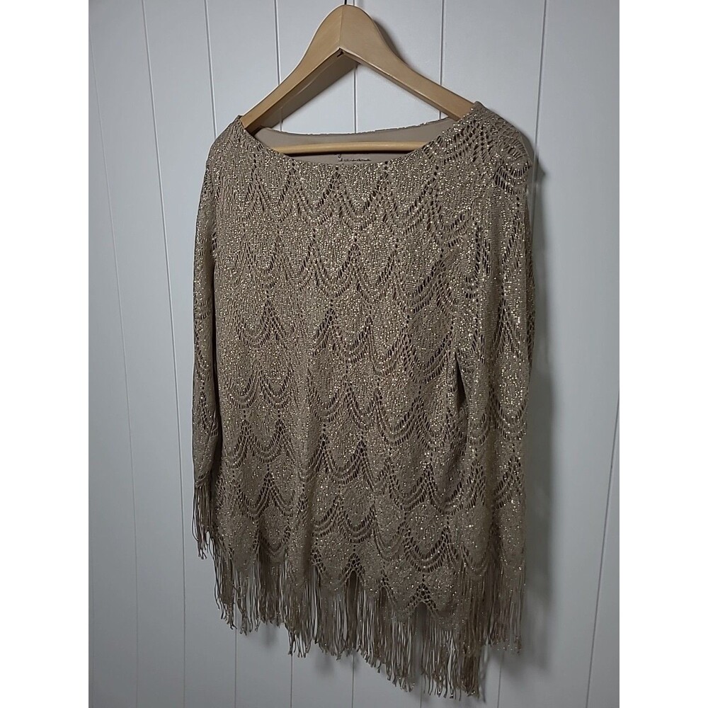Chico's Fringe Top Womens Size 2 Gold Metallic Large Stretch Hippie Formal - Picture 3 of 8